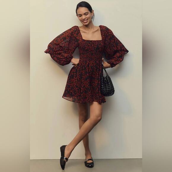 Anthropologie Hutch Lined Sheer Sleeved Flounce Romper Red/Black Size M NWT
